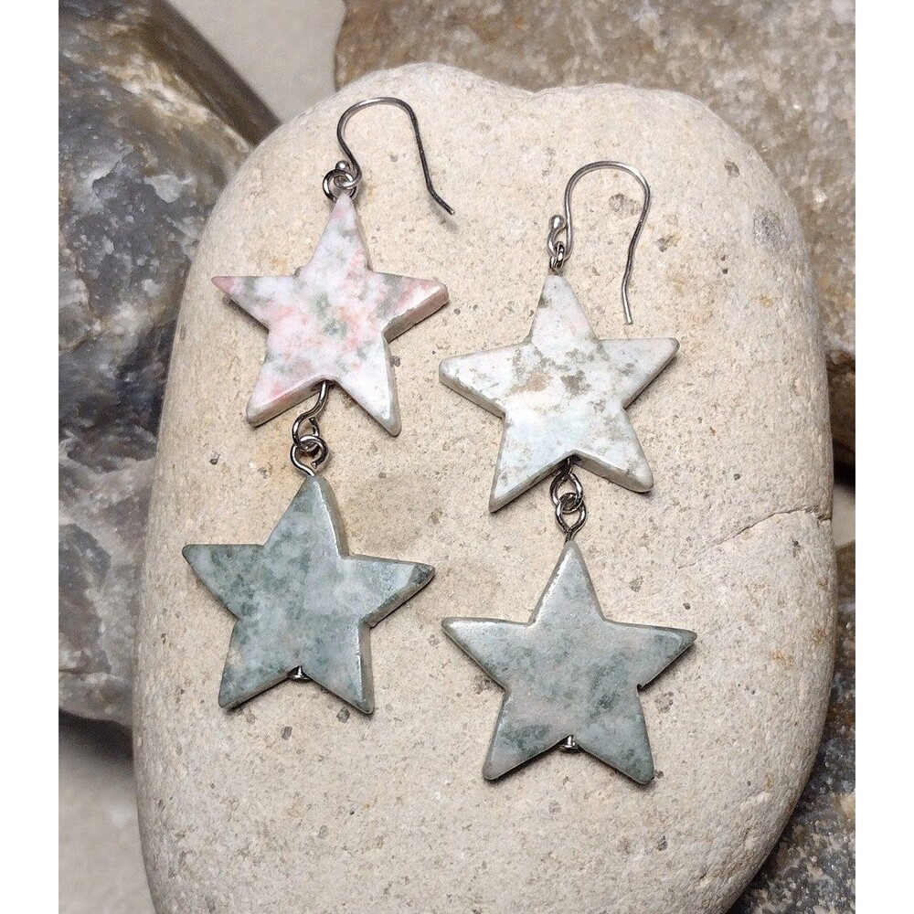 .925 Sterling Silver Pink Green Gemstone STAR Earrings